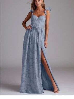 Azazie Dusty Blue A-Line Ruched Floral Burnout Dress